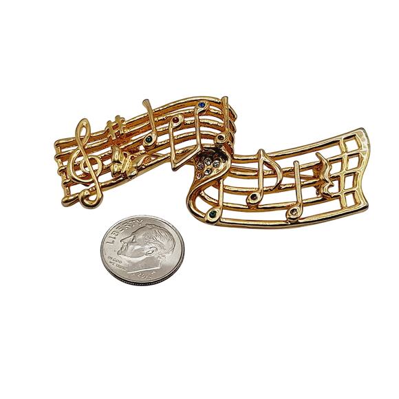 Vintage Musical Notes Brooch Gold Tone Music Staff Pin with Rhinestones – 2.75” - Picture 6 of 8